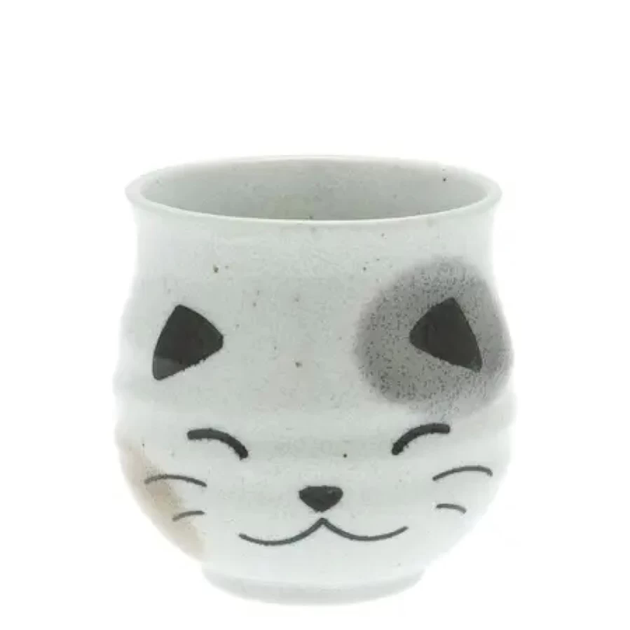 "Miya Company White Calico Cat Teacup - Handcrafted Ceramic Collectible"