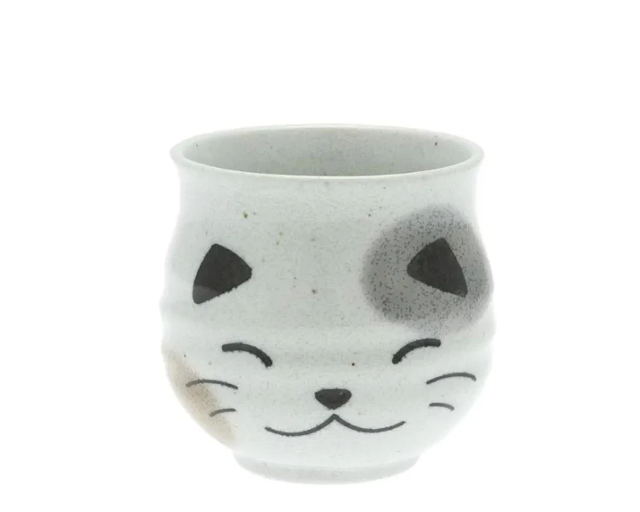 "Miya Company White Calico Cat Teacup - Handcrafted Ceramic Collectible"