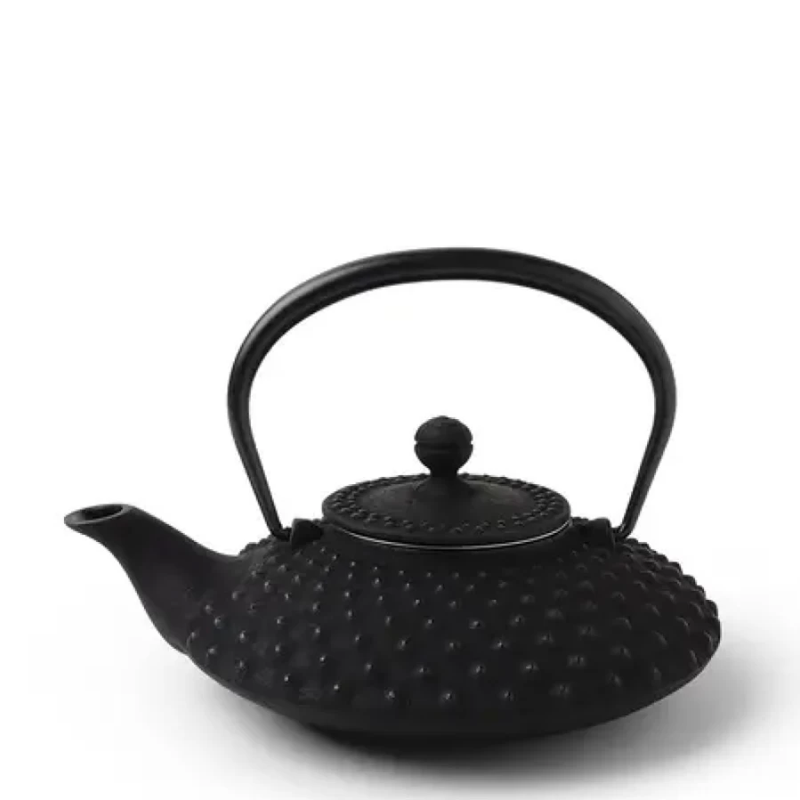 Miya Company Cast Iron Teapot - 0.5L Japanese Style Hailstone Design, Rustic Flat Iron Kettle for Tea Brewing