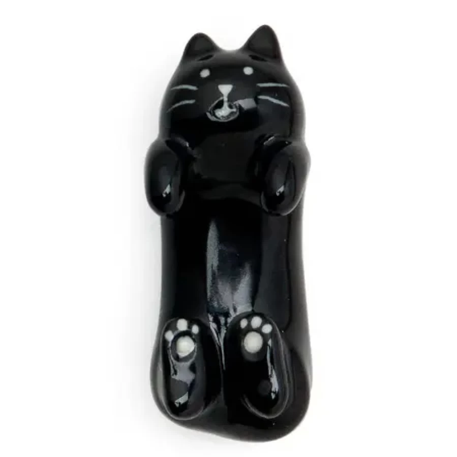 "Elegant Black Cat Chopstick Rest - Premium Ceramic Tableware by Miya Company"