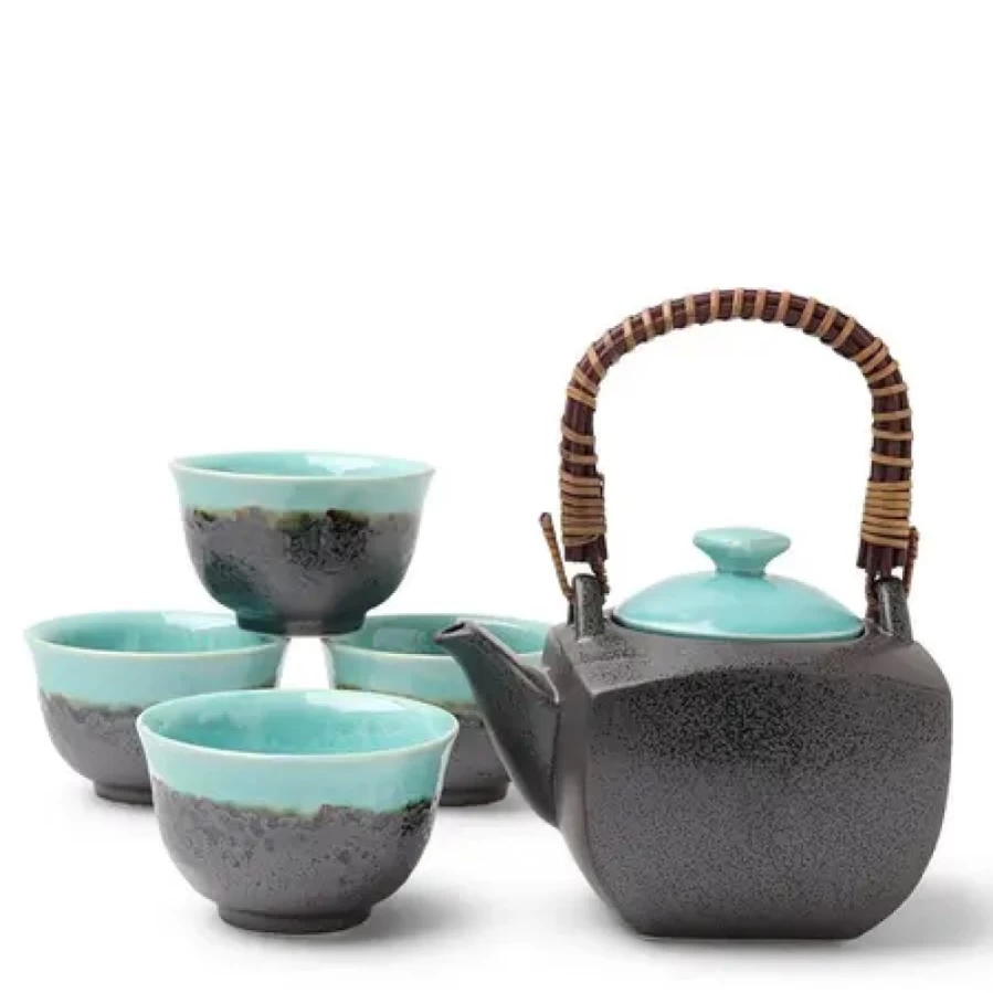 Miya Company Turquoise Sky Square Tea Set - Elegant Ceramic Tea Pot with Cups, Modern Tea Gift Set