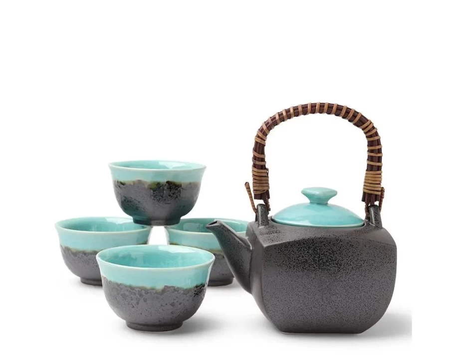 Miya Company Turquoise Sky Square Tea Set - Elegant Ceramic Tea Pot with Cups, Modern Tea Gift Set