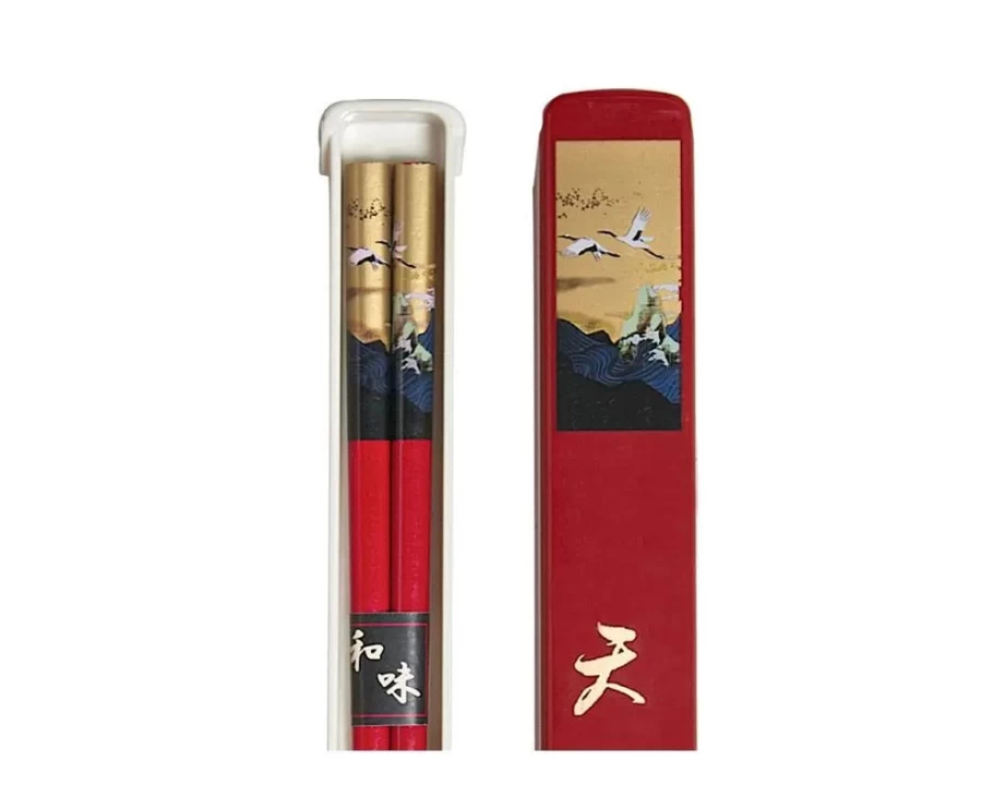 Miya Company Red Cranes Design Chopsticks Set with Protective Case - Elegant Japanese Style Gift