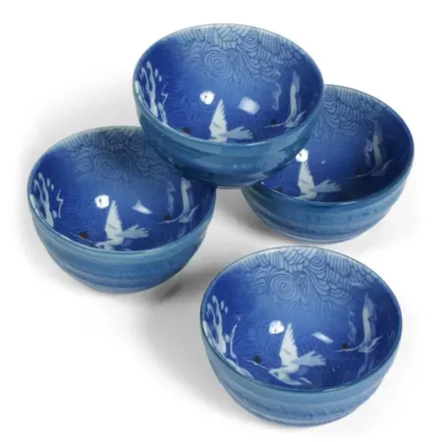 Miya Company Blue Cranes 5.25 Inch Ceramic Bowl Set - Handcrafted Decorative Serving Bowls, Dishwasher Safe