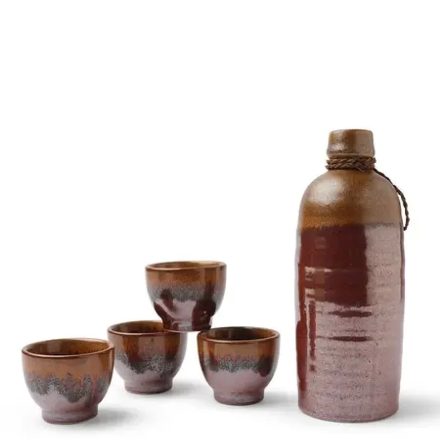 Miya Company Premium Sake Set - Tetsuaka Kin Nagashi Japanese Ceramic Cups with Traditional Design