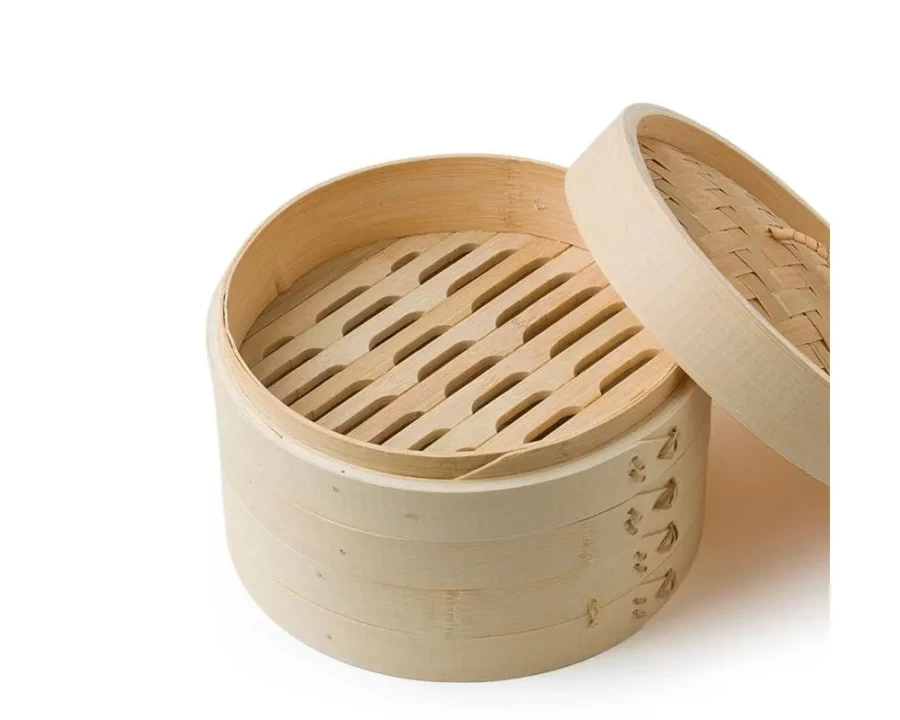 Miya Company 8" Bamboo Steamer Set - Natural & Reusable for Dumplings, Buns & Dim Sum