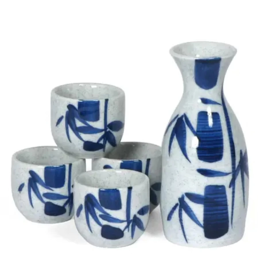 Miya Company Premium Blue Bamboo Sake Set - Handcrafted Japanese Ceramic Drinking Cups with Authentic Design