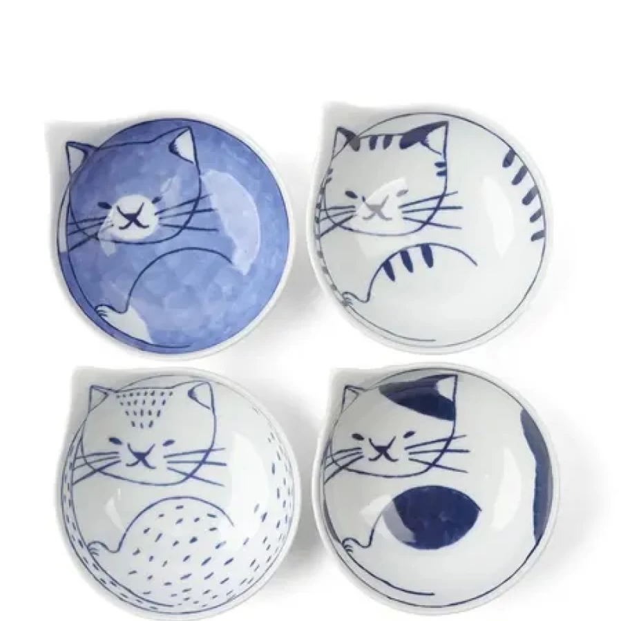 Miya Company Nekotori Cat Bowl Set - 4 Piece 3.75 Inch Ceramic Pet Dishes for Cats and Kittens