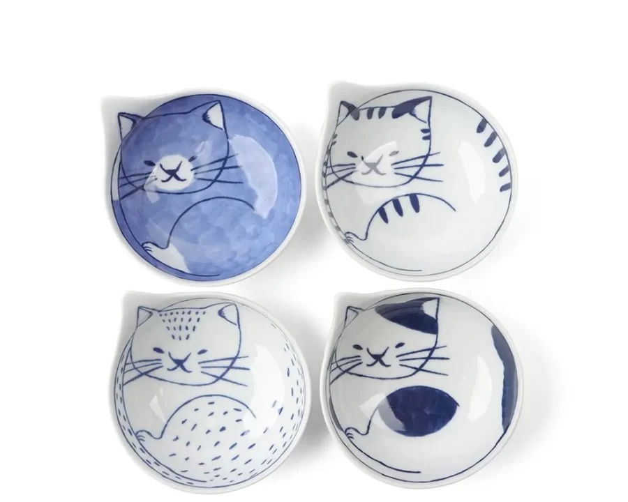 Miya Company Nekotori Cat Bowl Set - 4 Piece 3.75 Inch Ceramic Pet Dishes for Cats and Kittens
