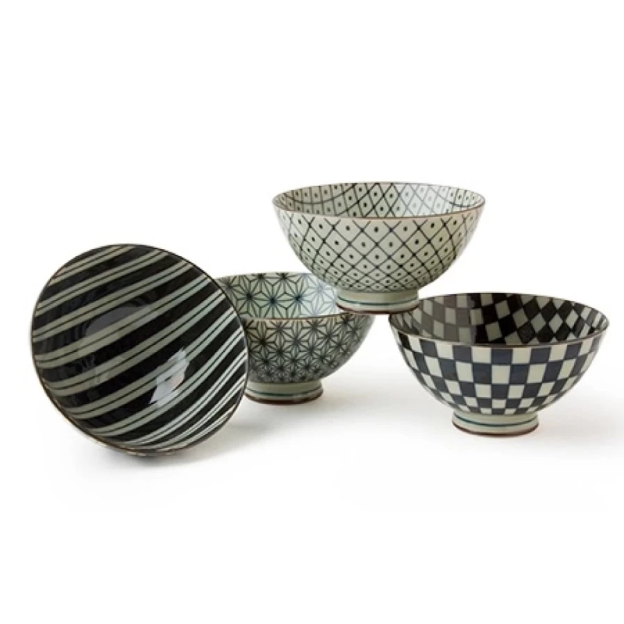 "Vintage Black & White 4.5-Inch Rice Bowl Set by Miya Company – Classic Ceramic Tableware"
