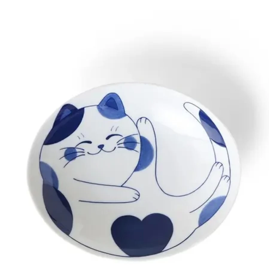 Miya Company Blue Cats Themed 7.5-Inch Ceramic Oval Pet Bowl for Food and Water