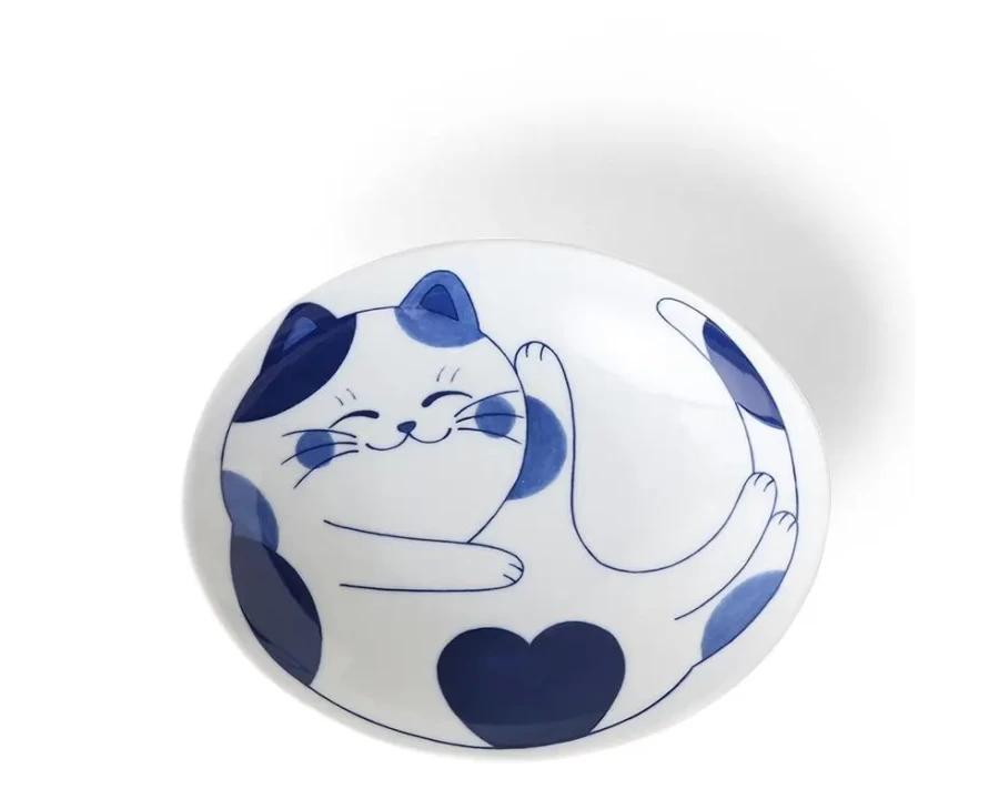 Miya Company Blue Cats Themed 7.5-Inch Ceramic Oval Pet Bowl for Food and Water