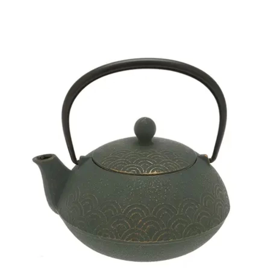 "Miya Company Cast Iron Teapot with Bronze Wave Design – Durable & Elegant Tea Kettle"