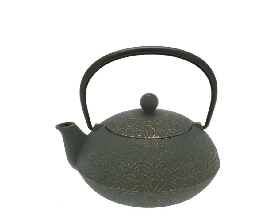 "Miya Company Cast Iron Teapot with Bronze Wave Design – Durable & Elegant Tea Kettle"