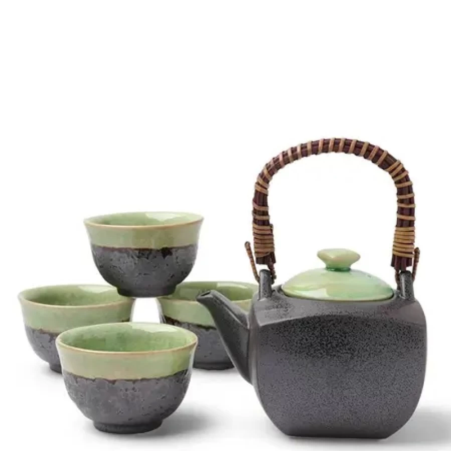 "Premium Bronze and Jade Square Tea Set by Miya Company – Elegant Traditional Tea Ceremony Collection"