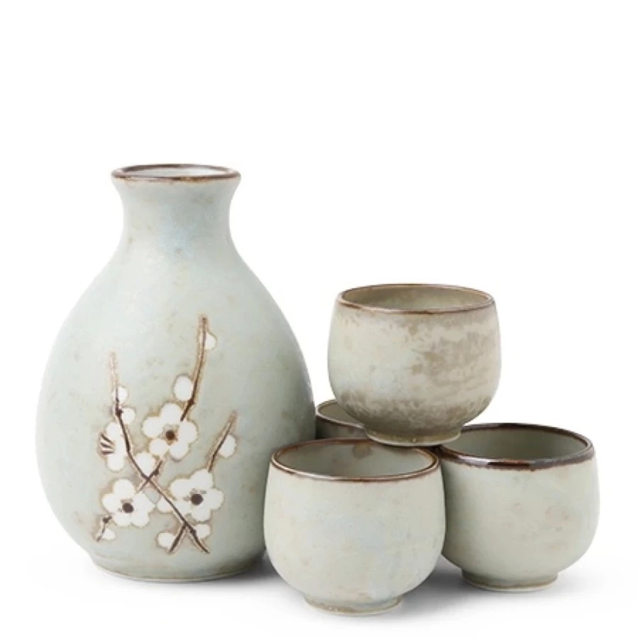 Miya Company Spring Blossoms Japanese Sake Set - Elegant Floral Ceramic Bottle & Cups Gift