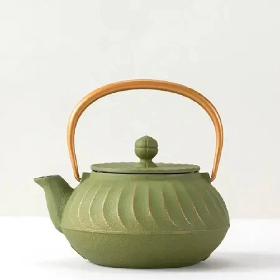 Miya Company Cast Iron Teapot with Gold Handle - Olive Green Wave Design for Japanese Tea Ceremony