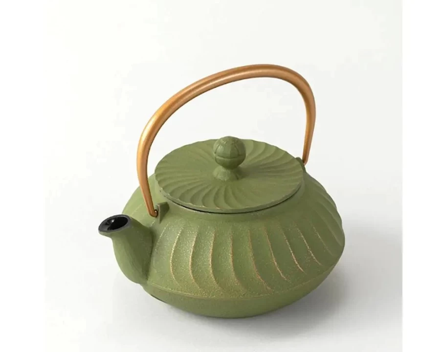 Miya Company Cast Iron Teapot with Gold Handle - Olive Green Wave Design for Japanese Tea Ceremony