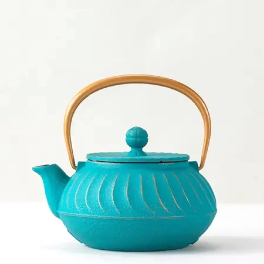 Miya Company Cast Iron Teapot with Gold Handle - Japanese Style Teal Wave Design for Loose Leaf Tea