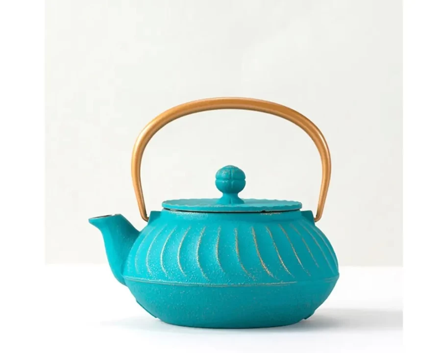 Miya Company Cast Iron Teapot with Gold Handle - Japanese Style Teal Wave Design for Loose Leaf Tea