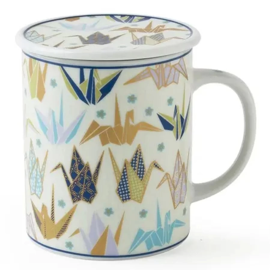 Miya Company Blue Origami Cranes 8 Oz Ceramic Mug with Lid - Handcrafted Japanese Style Tea Coffee Cup