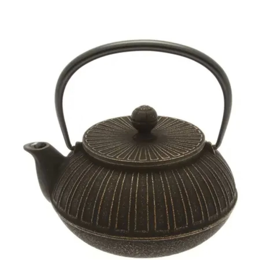 Miya Company Cast Iron Teapot with Gold Chrysanthemum Design - Japanese Style Black Teapot for Loose Leaf Tea