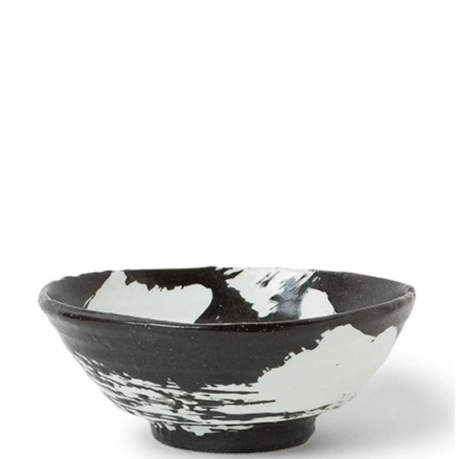 Miya Company 8 Inch White Ceramic Brush Stroke Design Bowl - Handcrafted Decorative Serving Dish