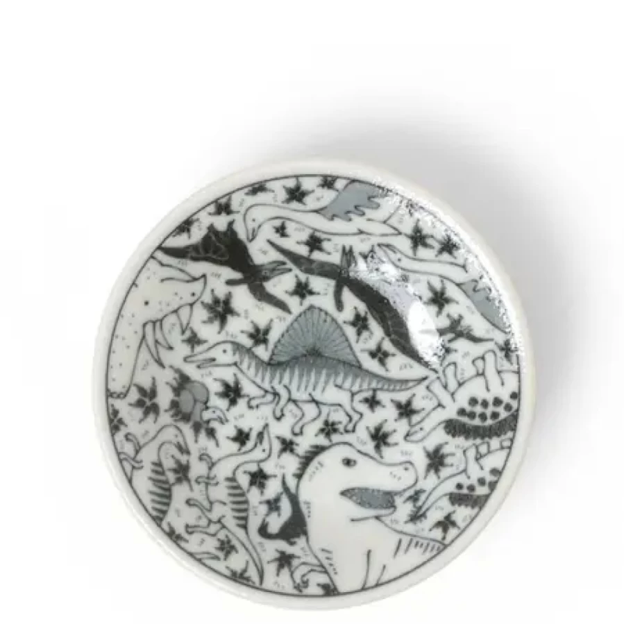 "Miya Company 4 Inch Happy Dinosaurs Sauce Dish – Dinosaur-Themed Ceramic Condiment Plate"