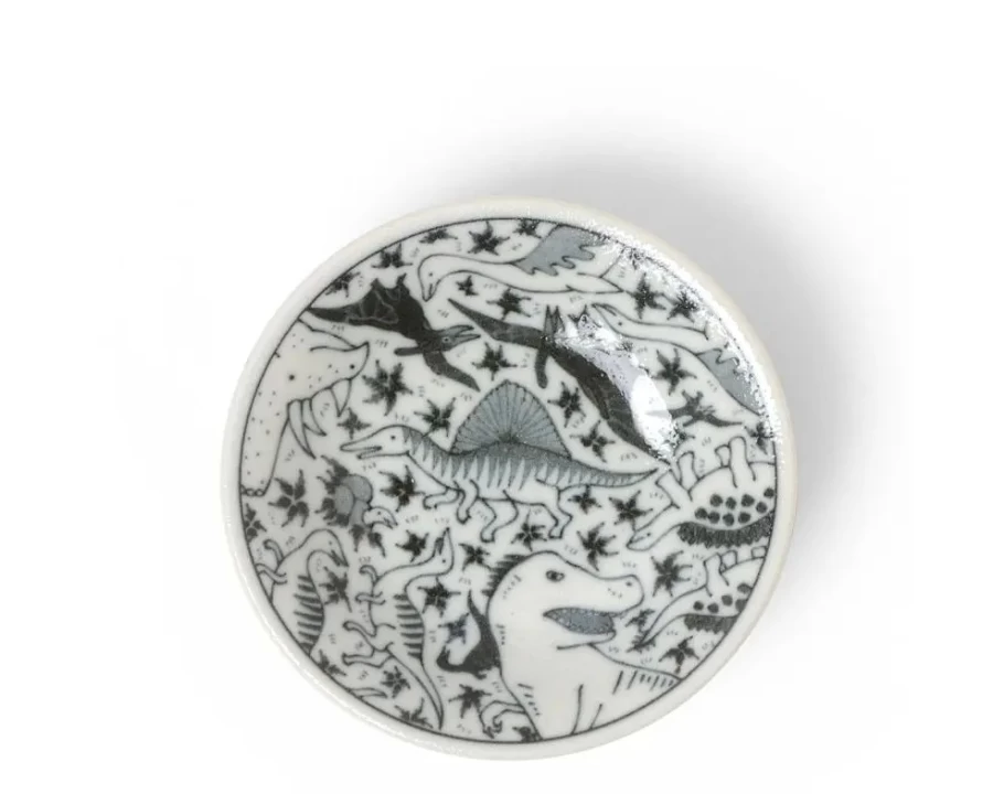 "Miya Company 4 Inch Happy Dinosaurs Sauce Dish – Dinosaur-Themed Ceramic Condiment Plate"