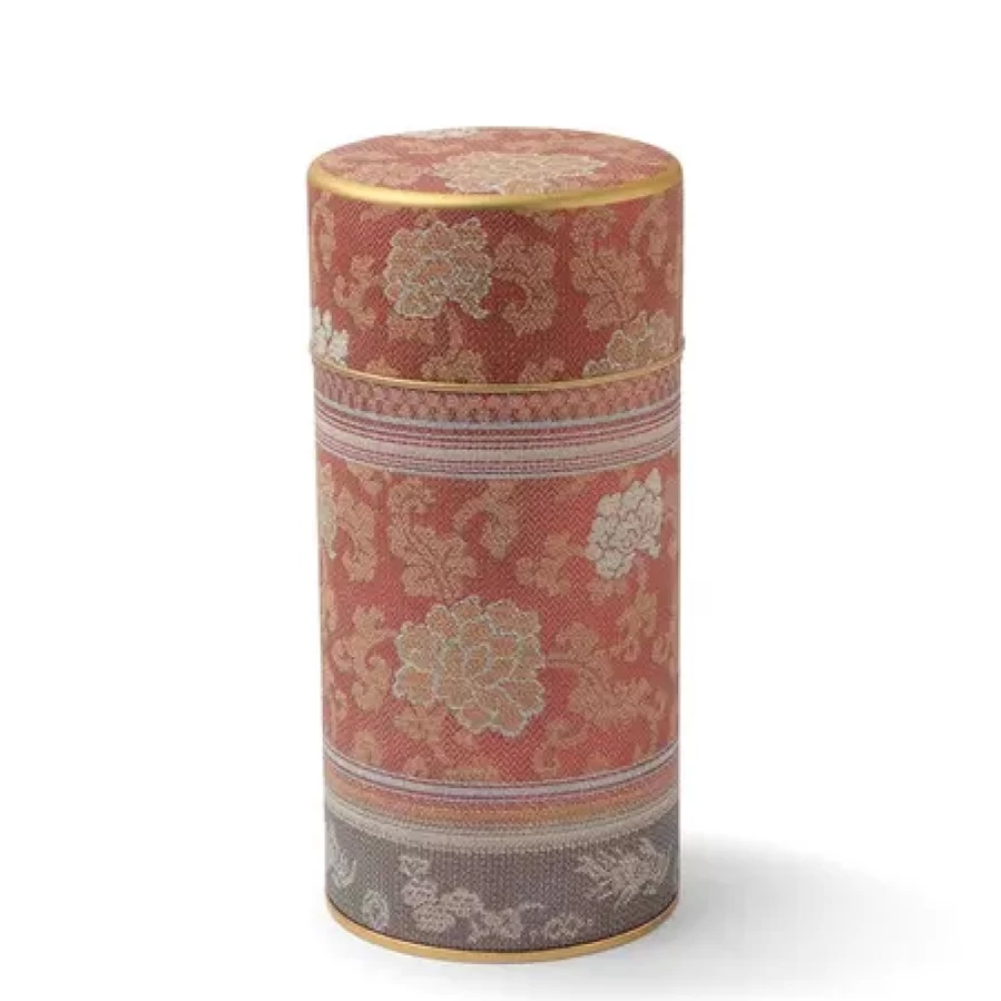 "Elegant Red Peony Brocade Tea Canister by Miya Company – Premium Tea Storage Container"