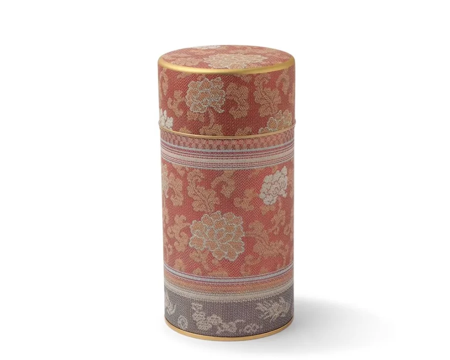 "Elegant Red Peony Brocade Tea Canister by Miya Company – Premium Tea Storage Container"
