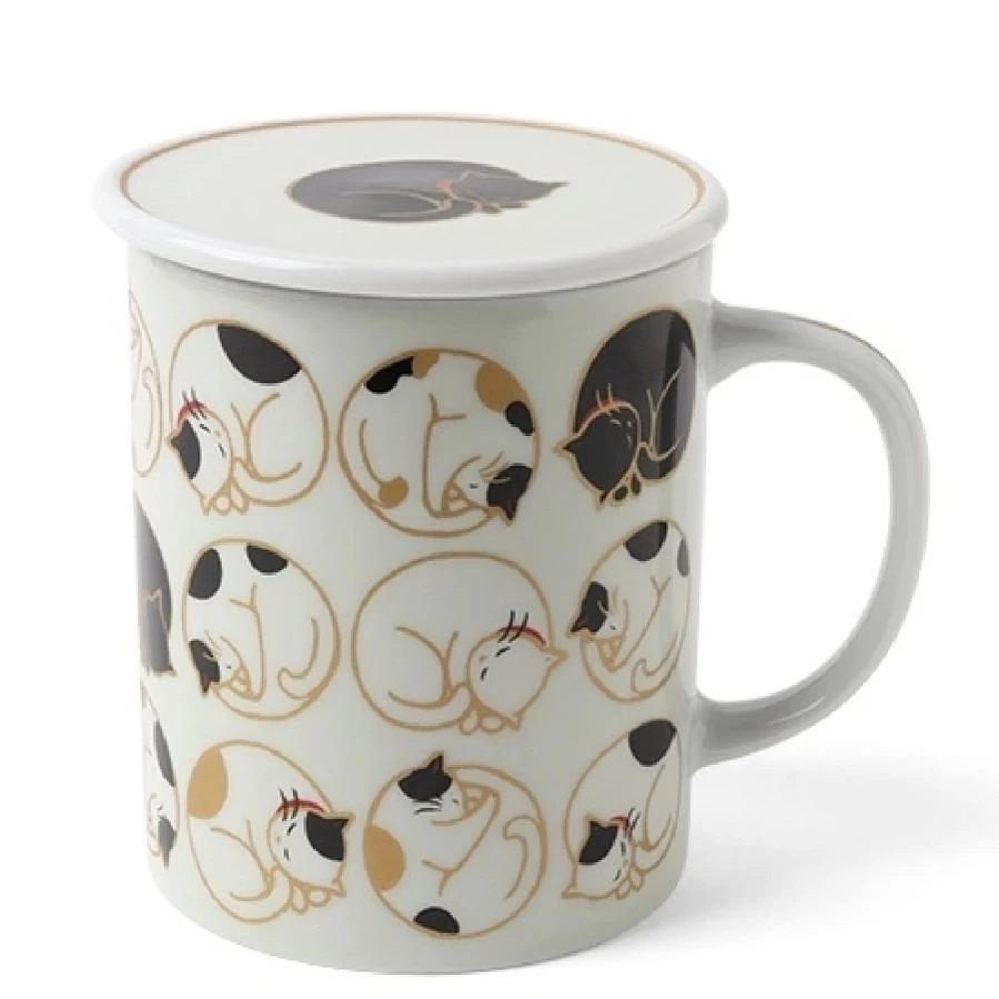 Miya Company Sleepy Cat White 8 Oz. Ceramic Lidded Mug with Handle - Cute Cat-Themed Coffee Cup for Tea & Hot Drinks