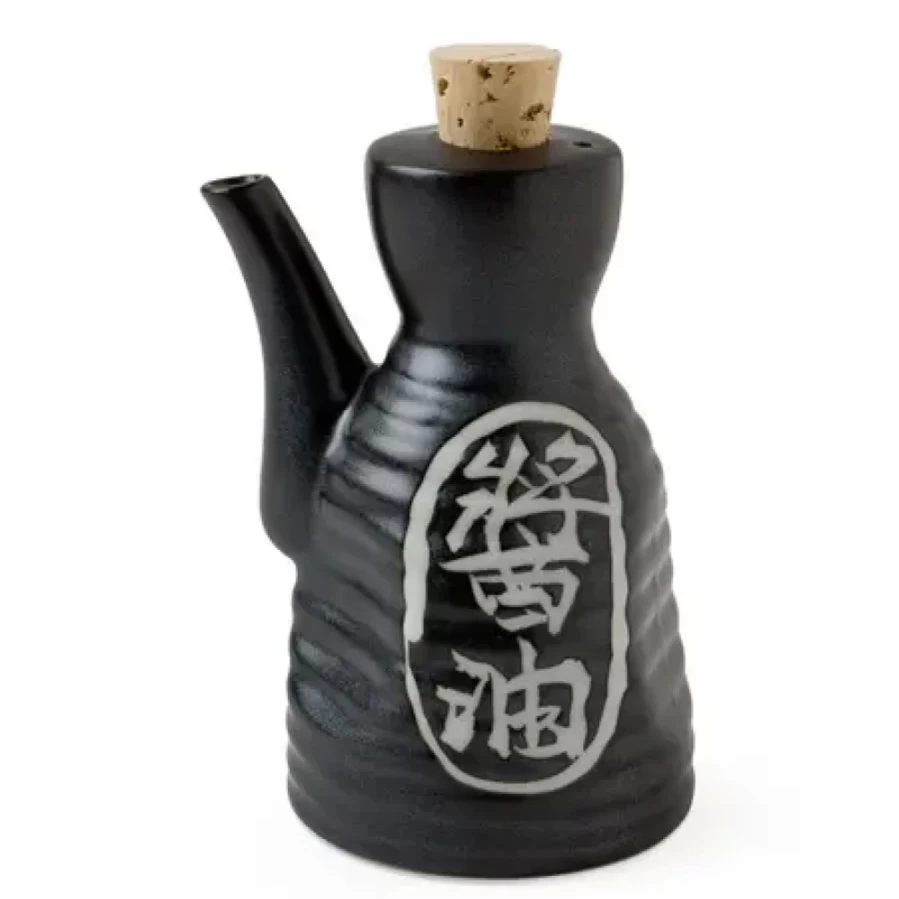 Miya Company Black Shoyu 6 Oz Soy Sauce Pot With Cork Stopper - Japanese Style Seasoning Container