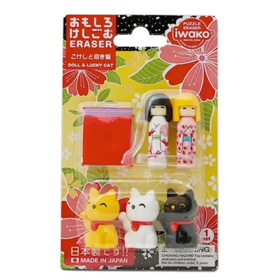 Miya Company Iwako Kokeshi Fortune Cat Eraser Pack - Cute Japanese Novelty Erasers for Stationery Lovers