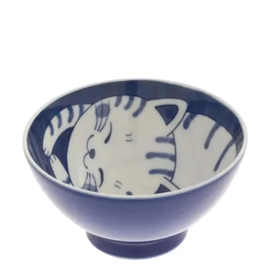 Miya Company Blue Tabby Cat Rice Bowl 4.625" - Ceramic Pet Feeding Dish for Cats