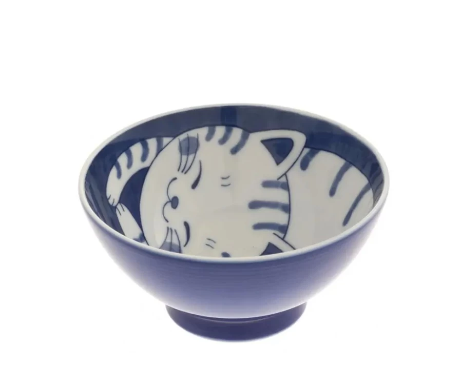 Miya Company Blue Tabby Cat Rice Bowl 4.625" - Ceramic Pet Feeding Dish for Cats