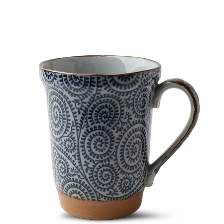 Vintage Blue Karakusa Pattern Ceramic Mug 14oz by Miya Company - Japanese Style Coffee Tea Cup