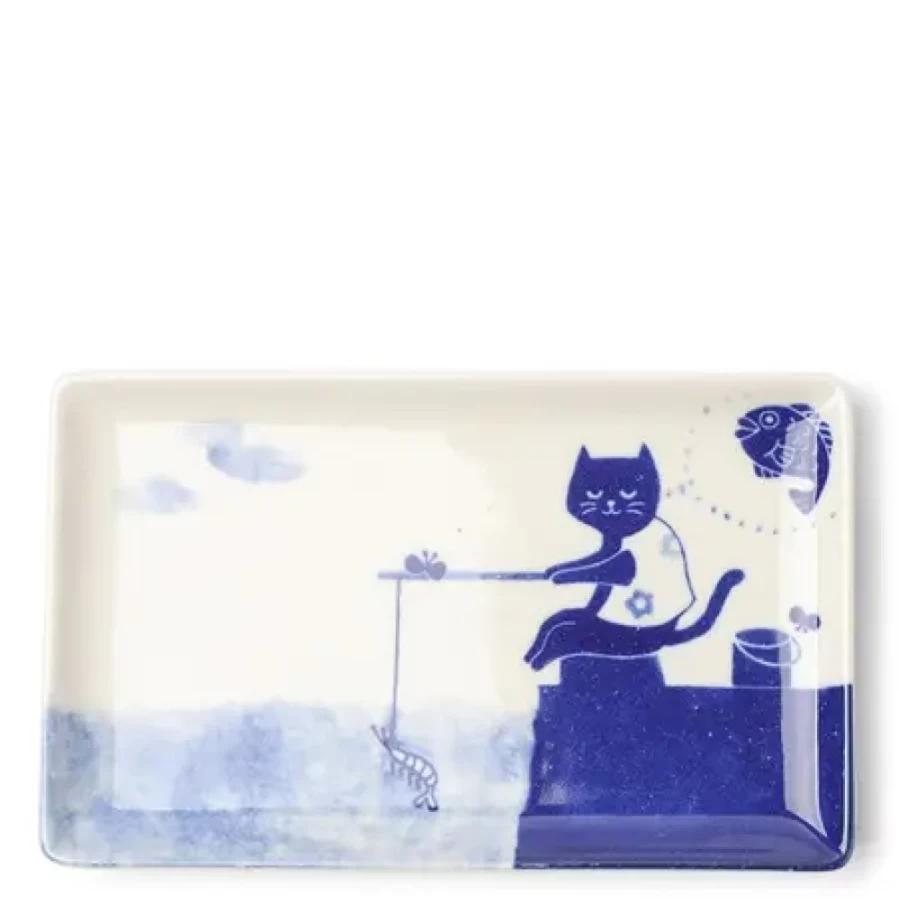 "Miya Company Funny Cat Fishing Ceramic Plate - Whimsical Kitchen Dish for Cat Lovers"