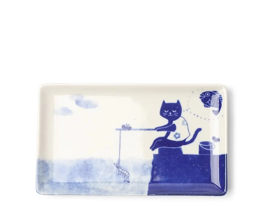 "Miya Company Funny Cat Fishing Ceramic Plate - Whimsical Kitchen Dish for Cat Lovers"