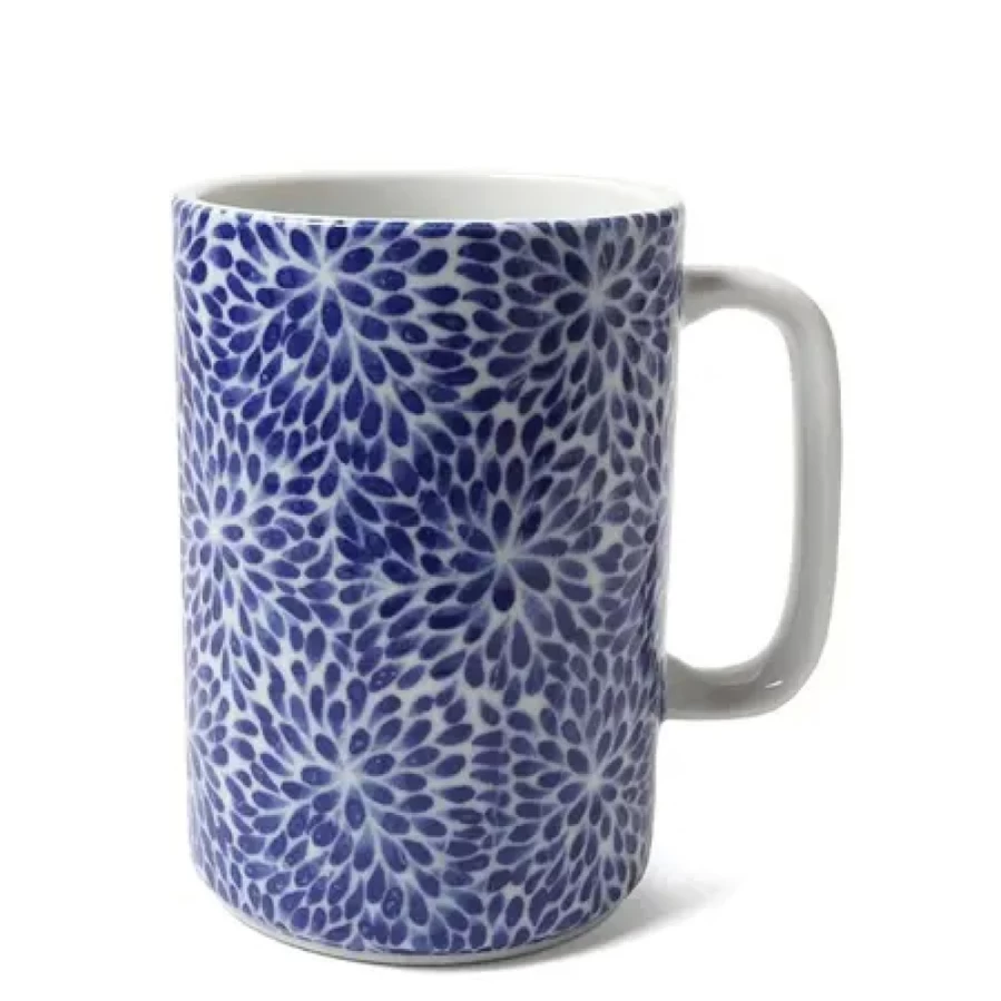 "16 Oz Blue & White Mums Ceramic Mug by Miya Company – Handmade Tea & Coffee Cup"