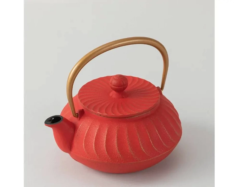 Miya Company Cast Iron Teapot with Red Wave Design and Gold Handle - Japanese Style Iron Teapot for Tea Lovers