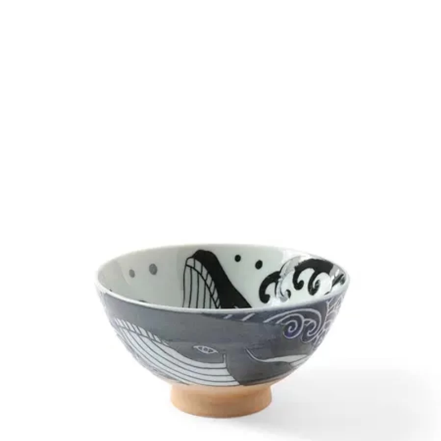 Miya Company Japanese Rice Bowl with Blue Whale and Ocean Waves Design