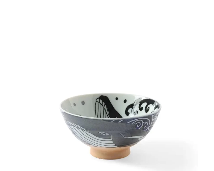 Miya Company Japanese Rice Bowl with Blue Whale and Ocean Waves Design