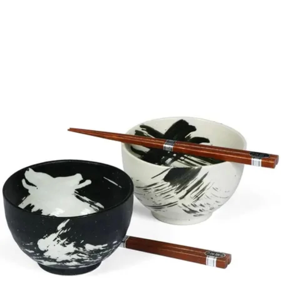 Miya Company 5" Black and White Brush Stroke Bowl Set for Two - Handcrafted Ceramic Dining Bowls