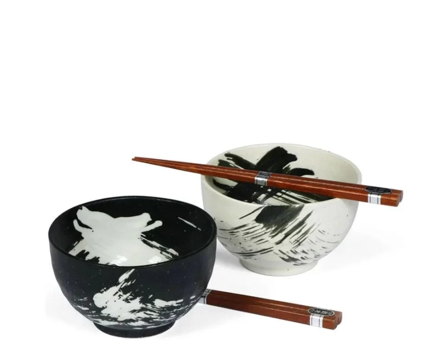 Miya Company 5" Black and White Brush Stroke Bowl Set for Two - Handcrafted Ceramic Dining Bowls