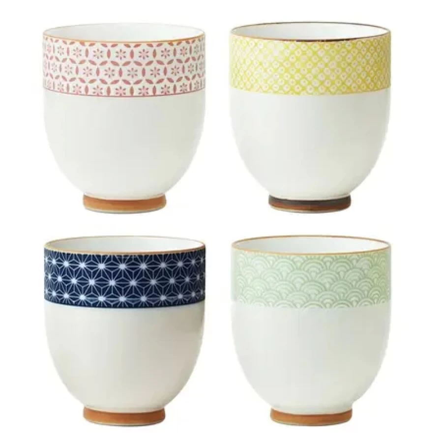 Miya Company Sashiko Embroidery Ceramic Teacup Set - 6 Oz Japanese Tea Cups, Handcrafted Traditional Design, Perfect for Matcha or Coffee, Set of 4