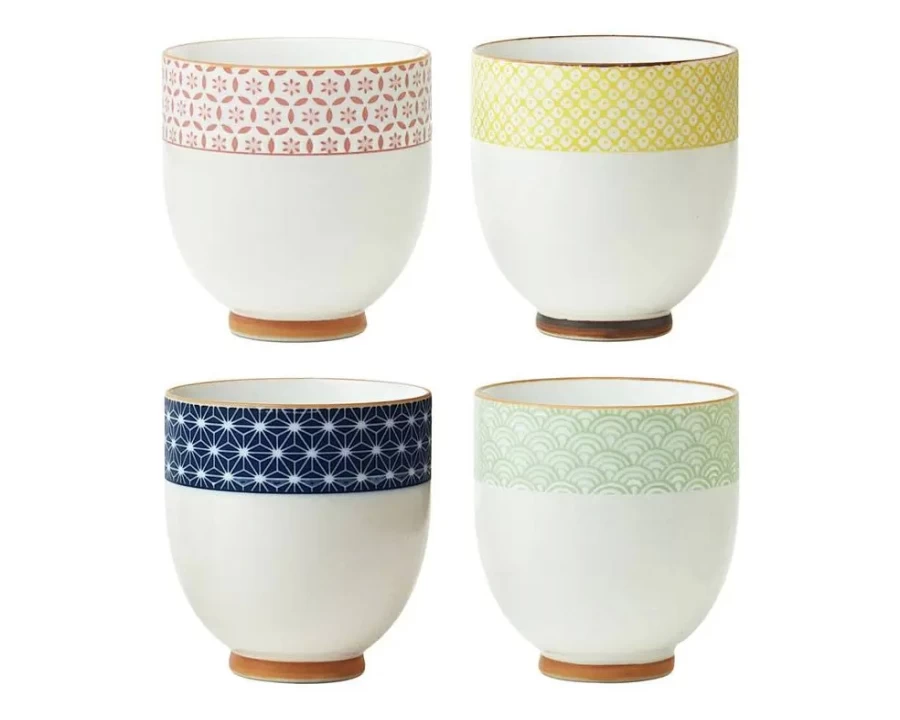 Miya Company Sashiko Embroidery Ceramic Teacup Set - 6 Oz Japanese Tea Cups, Handcrafted Traditional Design, Perfect for Matcha or Coffee, Set of 4