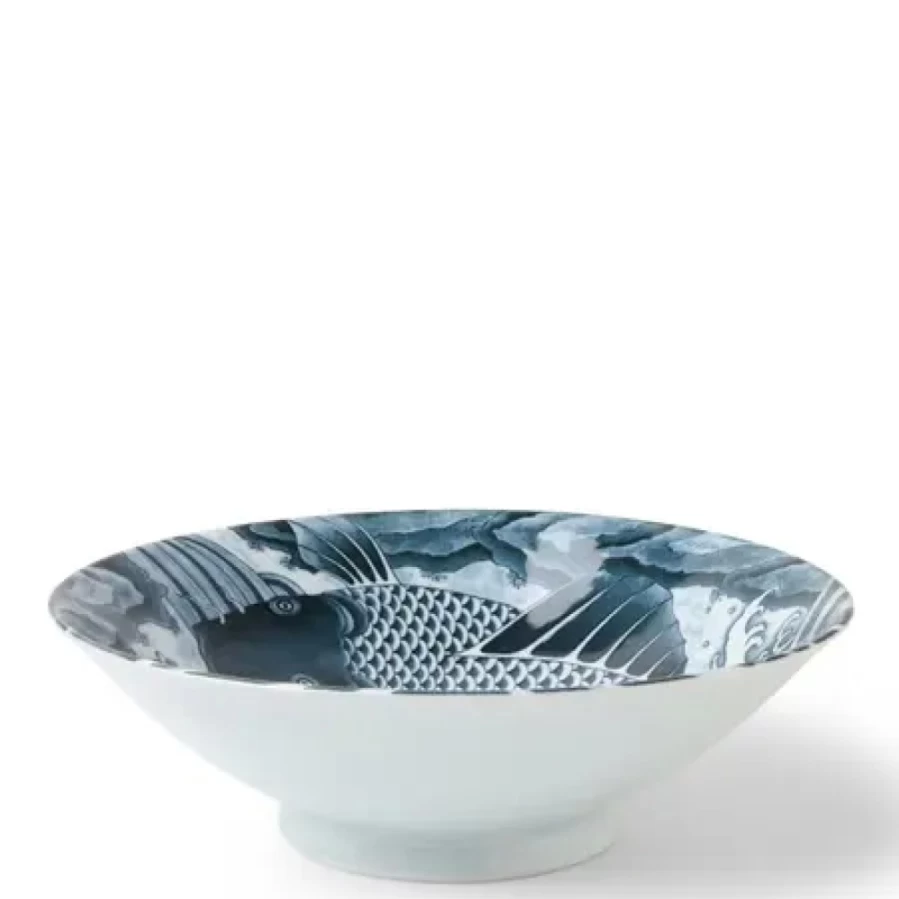 "MIYA COMPANY Koi Fish Design 10-Inch Ceramic Serving Bowl - Elegant Gray Dining Tableware"