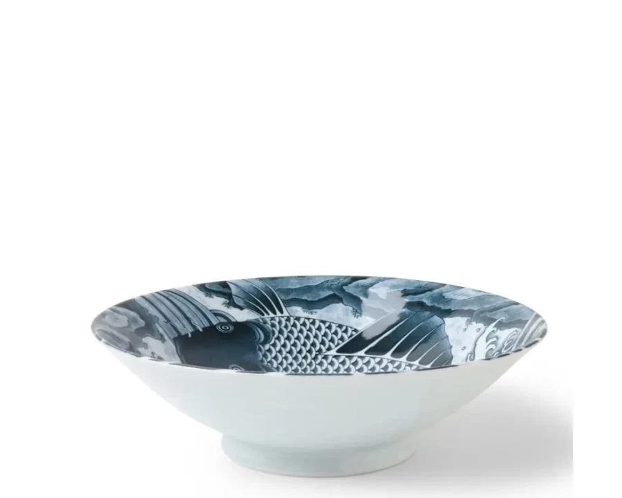 "MIYA COMPANY Koi Fish Design 10-Inch Ceramic Serving Bowl - Elegant Gray Dining Tableware"