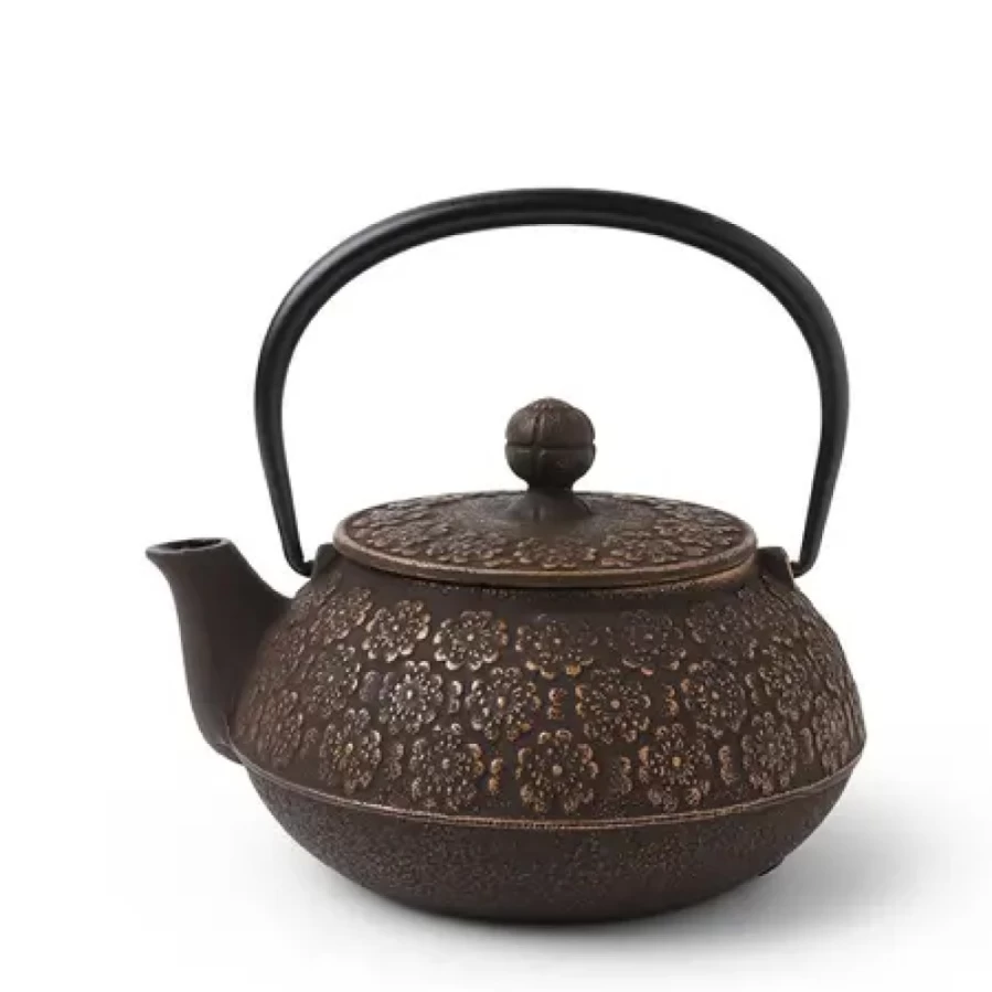 Miya Company Cast Iron Teapot with Sakura Design - Gold/Brown Japanese Style Teapot for Loose Leaf Tea